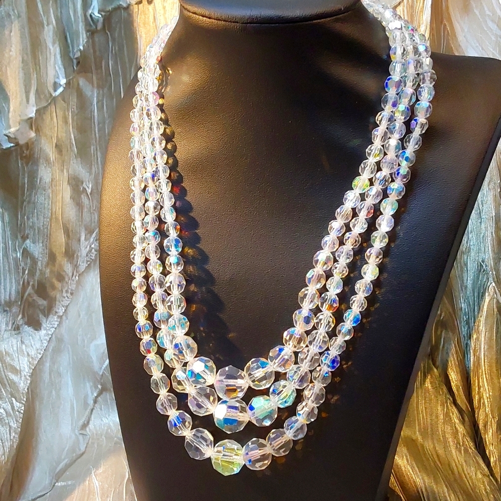 Vintage aurora borealis three strand necklace 16.5 inches long